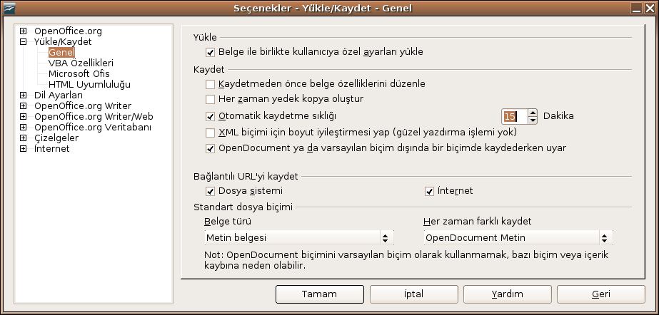 Dosyalarınızı otomatik kaydetme OpenOffice.org çalışmakta olduğunuz belgelerinizi otomatik olarak kaydedebilmektedir. OpenOffice.org da otomatik kaydı ayarlayabilmeniz için aşağıdaki adımları takip ediniz: 1) Araçlar > Seçenekler> Yükle/Kaydet> Genel Yolunu takip edin.