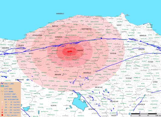 (40.67K, 33.04D, 5.2 km) ve büyüklüğü (Mw=6.1) sistem tarafından otomatik olarak belirlenmiştir.