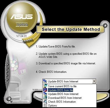 Asus Update ile aşağıdaki işlemleri yapabiliyoruz.? Save the current BIOS to file --- Mevcut BIOS?u dosya olarak kaydetmek.? Download BIOS from internet --- BIOS Dosyasını internetten indirmek?