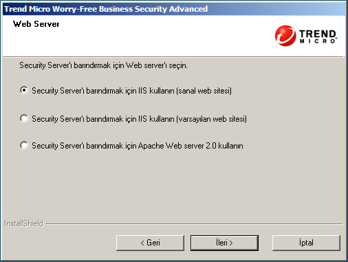Trend Micro Worry-Free Business Security 7.0 Yükleme Kılavuzu 4. İleri'yi tıklatın. Web Server ekranı görünür. ŞEKIL 3-8.