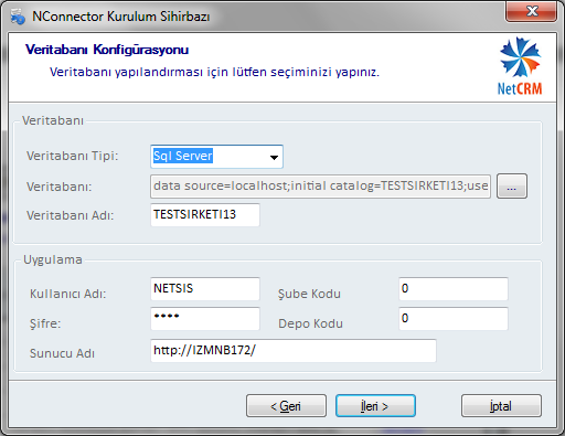 Uygulama bölümünde; Netsis Temelset e giriş yaparken kullanılan kullanıcı adı ve şifre yazılmalıdır. NetCRM den açılan kayıtların Netsis Temelset te hangi şubeye aktarılacağı şube koduna yazılmalıdır.