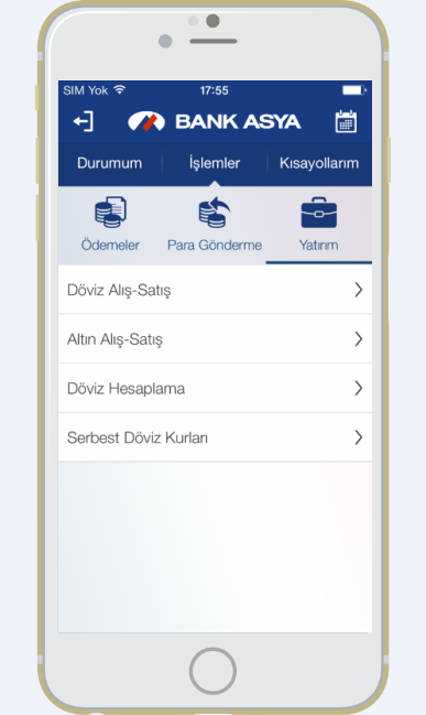 Giriş Sonrası İşlemleri Yatırım Yatırım menüsü ile; Döviz Alış-Satış veya Altın Alış-Satış işlemlerinizi gerçekleştirebilir, Döviz