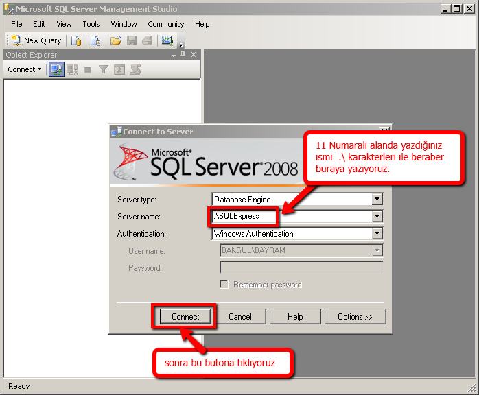 Kurulum tamamlandıktan sonra: Başlat -> Tüm Programlar -> Microsoft SQL Server 2008 -> SQL Server Management Studio tıklayarak programı başlatın.