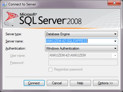 Şekil 2. MSSQL Server 2008 Express bağlantı penceresi Buradaki seçenekleri açıklayalım. Server Type, sunucu türünü belirtmek için kullanılır.