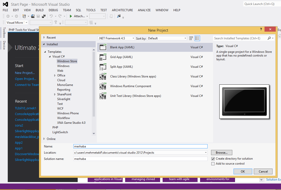 2.2. Windows 8 Store (Mağaza) Merhaba Windows 8 Uygulaması Visual Studio 2012 Programı açalır.