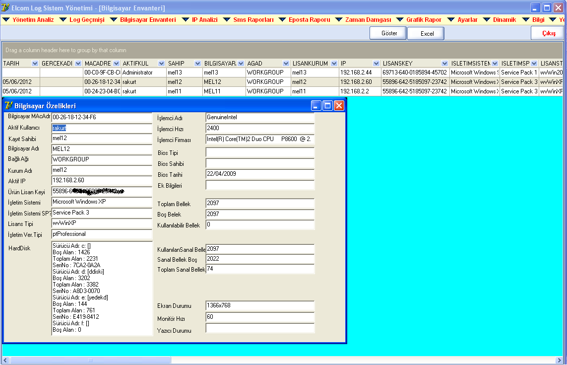 Programın Ana Modüller PC Envanter Ağdaki tüm bilgisayarların tüm özellikleri otomatik olarak çıkarılır,