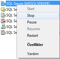 Üzerinde farenin sağ tuşuna basarak Stop'u seçin. Yukardaki resimde Running yazısının Stopped olarak değiştiğini görmeniz gerekir. Bu işlem SQL ile dataların bağlantısını geçici olarak kesecektir.