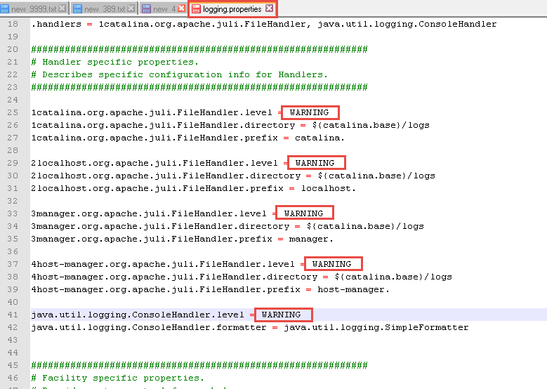 3- Tomcat\Conf\logging.properties dosyasından Log seviyeleri "WARNING" e çekilmeli.