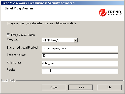 Trend Micro Worry-Free Business Security Advanced 6.0 Yükleme Kılavuzu 10. İleri'yi tıklatın. Proxy Sunucu ekranı görünür. ŞEKIL 3-12.