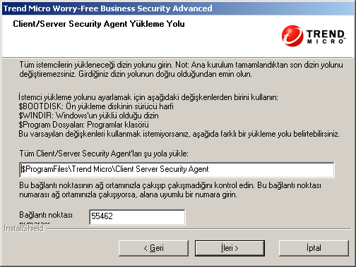 Sunucuyu Yükleme ŞEKIL 3-21. Client/Server Security Agent Yükleme Yolu ekranı Not: Normal yükleme yöntemini seçerseniz bu ekran görünmeyecektir. 7.