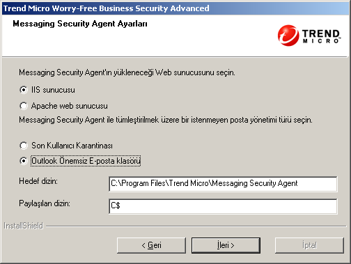 Trend Micro Worry-Free Business Security Advanced 6.0 Yükleme Kılavuzu ŞEKIL 3-25. Messaging Security Agent Ayarları ekranı Not: Normal yükleme yöntemini seçerseniz bu ekran görünmeyecektir. 5.