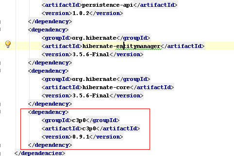 Burada kırmızı renkle belirtilen kütüphane hatasını kaldırmak için c3p0 kütüphanesini pom.xml içerisine eklenmelidir. <dependecy>.