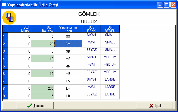 Ürün Girişi matrisine girildiğinde ekran boş gelecektir. Bu aşamada, dinamik değere sahip olmayan özellikler için önceden tanımlanmış değerlerden seçim yapılacaktır.