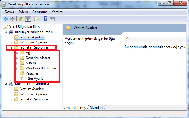 Yönetim Şablonları Bilgisayar yapılandırması yönetim şablonları 6 bölümden oluşur: Ağ, denetim masası, sistem, Windows bileşenleri, yazıcılar ve tüm ayarlardır.