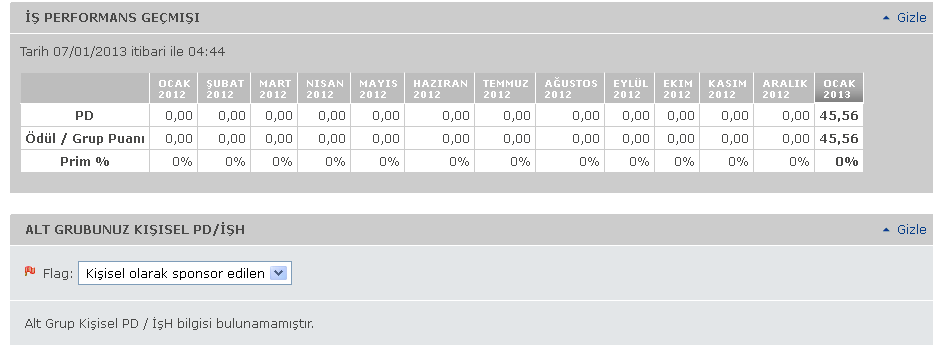 PD/İşH Sorgulaması sonuçları aşağıdaki bilgileri içermektedir: seçilen dönemdeki Kişisel PD miktarı seçilen dönemdeki Grup PD miktarı Performans Prim yüzdesi düzeyi ve yurtiçi yeterlik kolları da