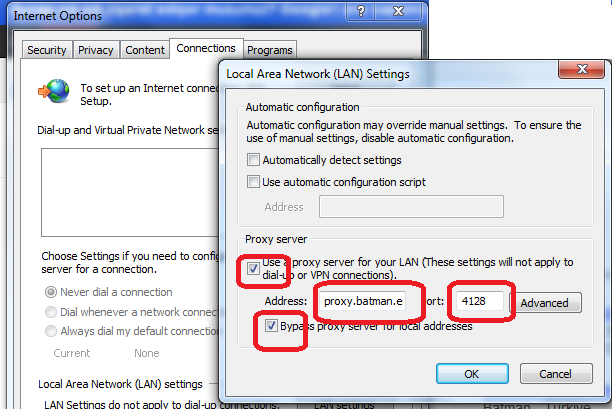 Açılan Menüde vekil sunucu ( Proxy Server ) alanında yerel ağınız için bir proxy sunucusu kullanın (use a proxy server for your lan) işaretlenir. Address kısmına proxy.batman.edu.