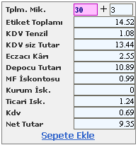 İstediğiniz Ödeme Seçeneği ni seçerek, Toplam Miktar alanına sipariş vermek istediğiniz miktarı yazmalısınız. İlaç için uygulanacak KDV, İskontolar, Eczacı Karı detaylı olarak hesaplanacaktır.