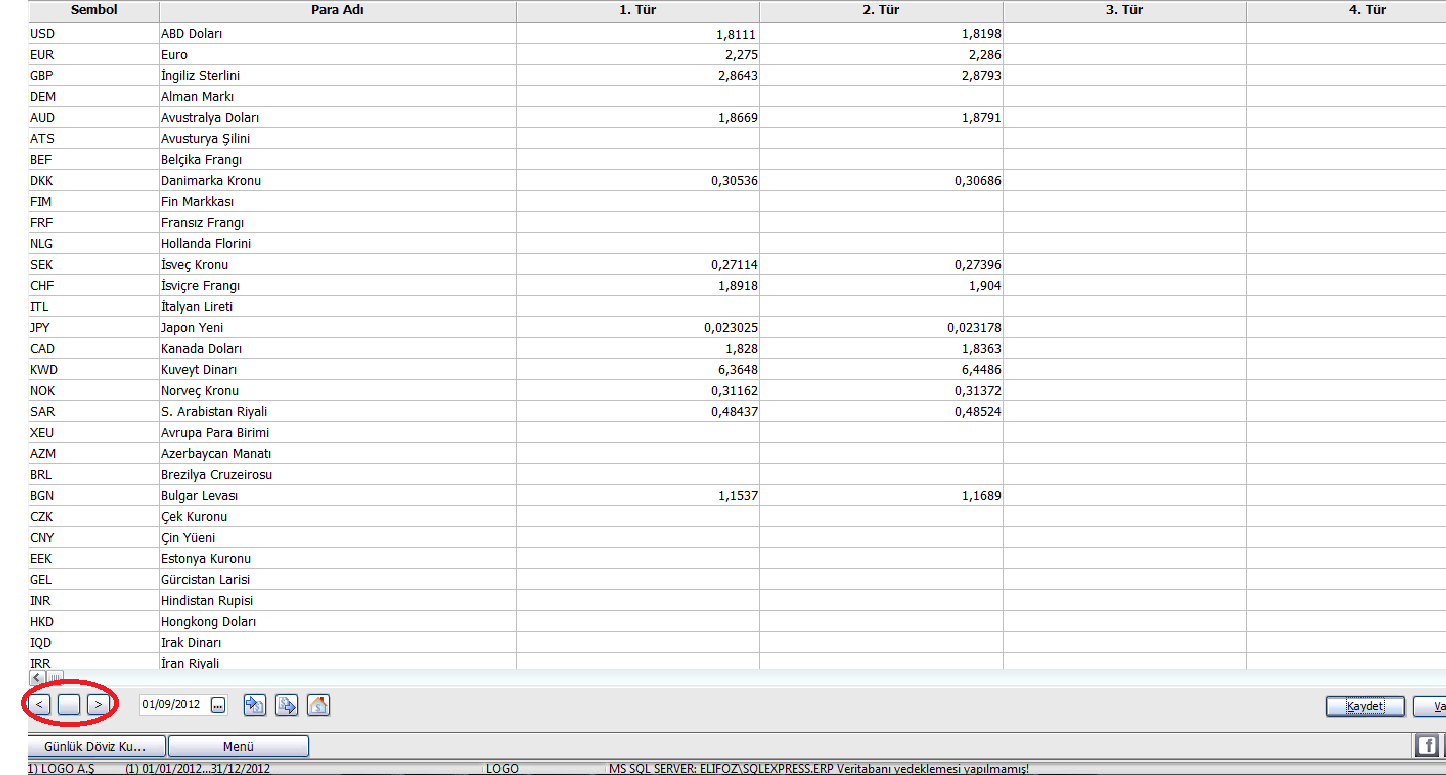 Bölüm Günlük kurlar penceresi altında yer alan seçenekler kullanılarak önceki ve