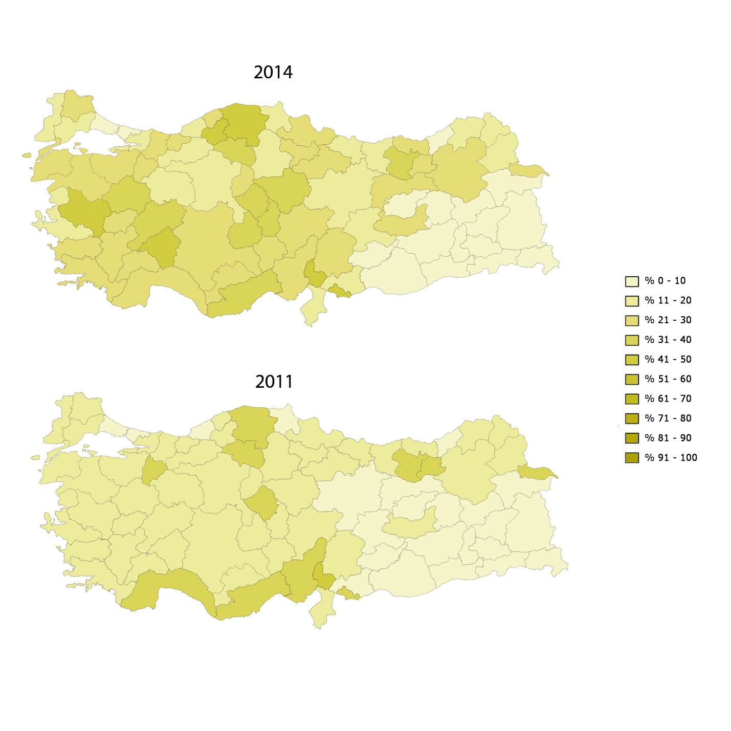 MHP oy dağılımı gösteren haritayı incelediğimizde ise: MHP nin bulunduğu bölgelerde oyunu yaygın olarak arttırdığı görülüyor. MHP nin Orta Anadolu da yaygın olduğu görülüyor.