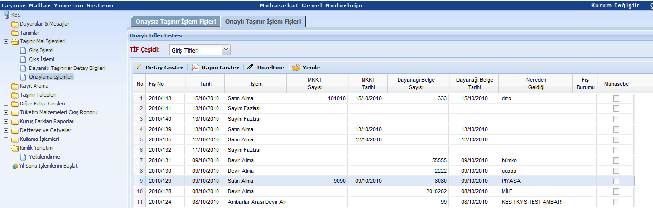 Onaylama İşlemleri menüsü altındaki Onaylı Taşınır İşlem Fişleri sekmesinden onaylanmış TİF ler listelenir. Bu sekmede de giriş ve çıkış TİF leri ayrı ayrı listelenir.