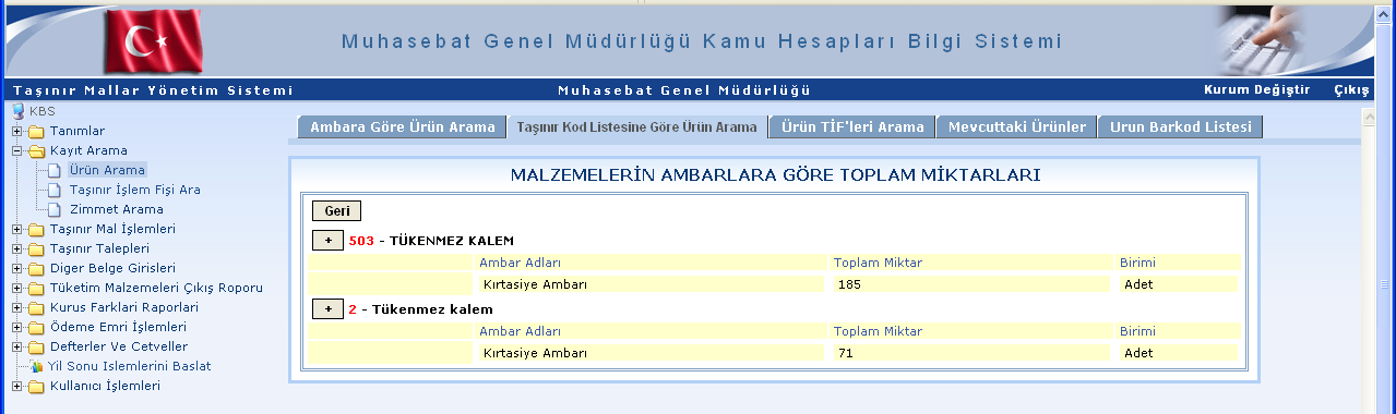 2.4.1.2. Taşınır Kod Listesine Göre Ürün Arama Taşınır kod listesi detaylarına göre, seçilen detaydaki malzemelerin hangi ambarda ne kadar