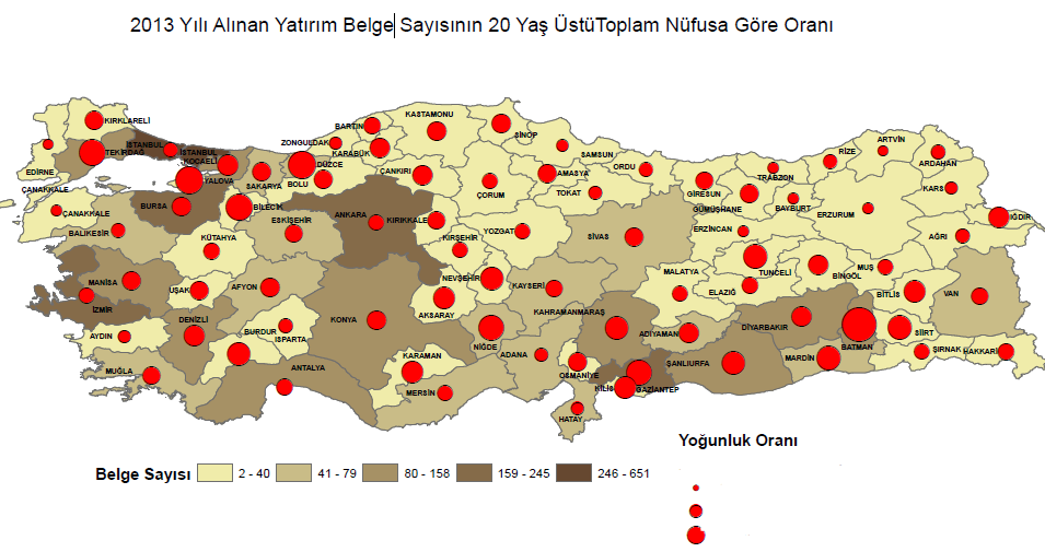 Analiz: Yıllar İtibariyle Yatırım Teşvik Belgeli Yatırım Bilgileri (Enerji Yatırımları Hariç) Yoğunluk Oranı Kaynak: Ekonomi Bakanlığı 2013 yılı alınan yatırım belge sayısının 20 yaş üstü toplam il