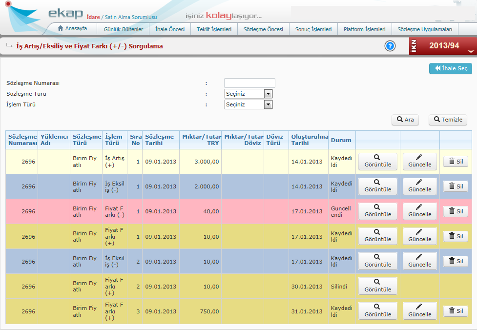 Şekil 35 : İş Artışı/Eksilişi ve Fiyat Farkı (+/-) Sorgulama ve Seçim Ekran Görüntüsü Burada sözleşme numarası, sözleşme türü, işlem türü (İş Artışı (+) / İş Eksilişi (-) / Fiyat Farkı(+/- )) ve
