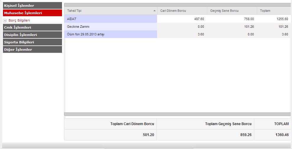 Muhasebe İşlemleri Borç Bilgileriniz: Anamenü den Muhasebe İşlemleri ne