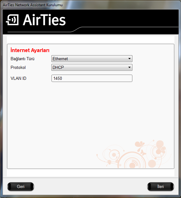 Kurulum Sihirbazı, İnternet Ayarları ekranını görüntüleyecektir. Bu ekranda, İnternet Servis Sağlayıcınız (ISS) tarafından size verilmiş olan bağlantı ayarlarınızı girip, "İleri" butonuna tıklayınız.