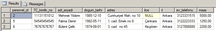 Şekil 14. Ankara'da oturan ve maaşı 1400 TL'den yüksek olan personelin listesi.