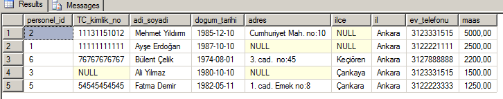 Şekil 18. Personel listesinin adı ve soyadına göre sıralatılmış hali.