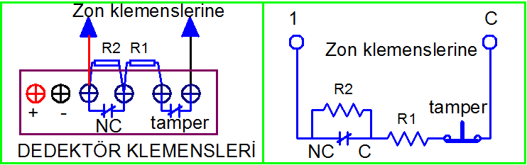 Dirençli (korumalı) bağlantı yapılacaksa bu durumda tamper ile kontrol kontağı arasına ve NC kontrol kontağına paralel direnç bağlanır.