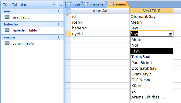 Dikkat : SQL de, tablo adları, alanlar(sütunlar), veritabanı dosyası isimleri değişken isimleridir. Bu nedenle değişken isimlendirme kuralları burada da geçerlidir.