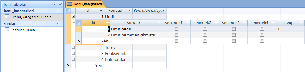 Konu kategorilerini çift tıklayınca konu adlarının sol taraflarında + işareti oluştuğunu görürüz ve bunlara tıklayınca ilgili konularda soruların yer aldığını görürüz.