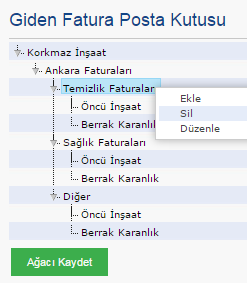 Herhangi bir dal üzerinde farenin sağ tuşuna tıklanarak aşağıdaki menü adımlarına ulaşabilir ve posta kutularınızı düzenleyebilirsiniz.