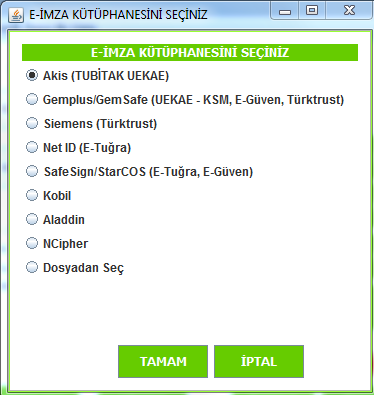 Elektronik imza ile giriş ekranı açılır. Sertifika Bilgileri alanı boş geldiğinde Kart Seç düğmesine tıklanarak Akis (TUBİTAK UEKAE) seçilir.