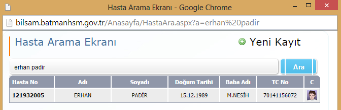 2. Hasta kaydı Resim 2.1 de görüntüsü verilen doktor muayene ekranındaki (ana sayfa) 2 numaralı butona tıklayarak muayene kayıt işlemi başlatılır. Bu buton, hasta arama ekranına yönlendirir (Resim 2.