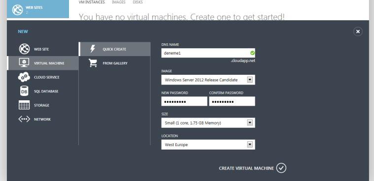 Virtual Machine ismi, işletim sistemi, Virtual Machine yani Sanal Sunucuya ulaşırken kullanacağız şifreyi seçiniz.