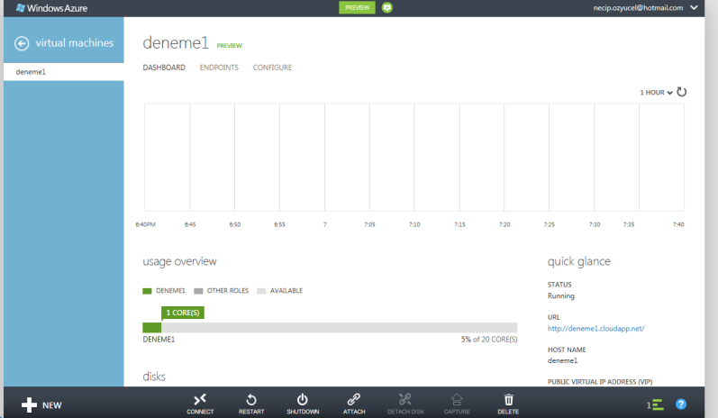 Virtual Machine oluşturma işlemi bitince aktif olarak portal üzerinde görebilirsiniz. Virtual Machine ismi üzerine tıklayınız.