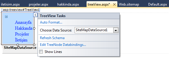 Kısacası; yeni bir SiteMapPath sayfası ekleyip birkaç alan ekleyip bu formu bu şekilde kaydettikten sonra add new item seçeneğinden yeni bir web formu ekleyip içerisine bir tane treeview nesnesi
