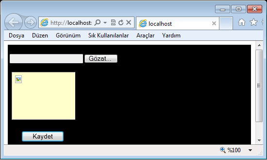 Formumuz; Kodumuz; protected void Button1_Click(object sender, EventArgs e) if (FileUpload1.HasFile) // Dosya Seçilmişse else FileUpload1.SaveAs(Server.MapPath("resim/") + FileUpload1.