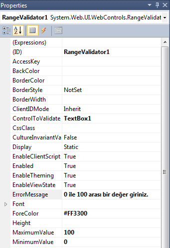 3) Daha sonra yine RangeValidator kontrolünün MinimumValue özelliğine 0, MaksimumValue özelliğine ise