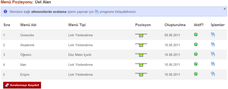 Menü Sıralaması Menülerimizi üst, alt ve yan olarak sınıflandırmıştık. Oluşturduğumuz bu menüleri kendi içlerinde yerlerini değiştirmek için menü sıralamasından yararlanıyoruz.