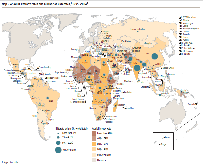 Harita 2,4 te Dünya 15 yaş üstü yetişkinlerde okuryazarlık durumu ele alınmıştır.