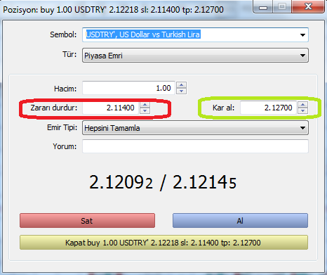 Örnek: Zararı Durdur ve Kar AL seviyeleri de ekleyerek 1 lot USDTRY Alış pozisyonu açalım. S/L seviyesi: 2.11400, T/P seviyesi: 2.