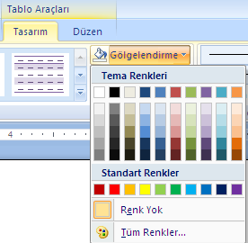 Tablo Biçimlendirme Tablo rengini oluşturmak için; aynı şekilde tabloya tıklanır ya da hücreleri seçilir, daha sonra tablo araçları (table