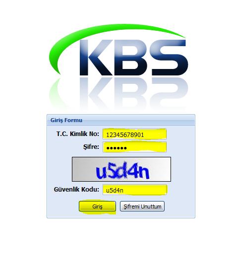 Kimlik No, Şifre ve Güvenlik Kodu alanlarına bilgi girişleri NOT: KBS sayfasına
