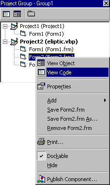 sağlayabiliriz. Bu formlara ait kod penceresini görüntülemek istersek, form üzerine sağ tuş ile tıklayıp çıkan pencereden VIEW CODE seçeneği seçilmelidir. Project2(eliptic.