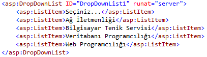 DropDownList kontrolüne ögeler eklendikten sonra kodlarında ListItem kodu ile ögelerin eklendiği görülecektir.