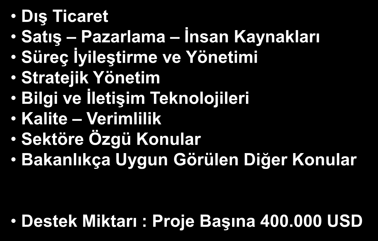 Eğitim ve DanıĢmanlık Programları DıĢ Ticaret SatıĢ Pazarlama Ġnsan Kaynakları Süreç ĠyileĢtirme ve Yönetimi Stratejik Yönetim Bilgi ve